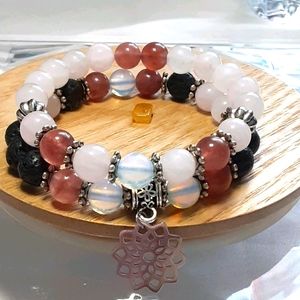 Hand Crafted Lotus Pink Quarts & Opal Bracelets